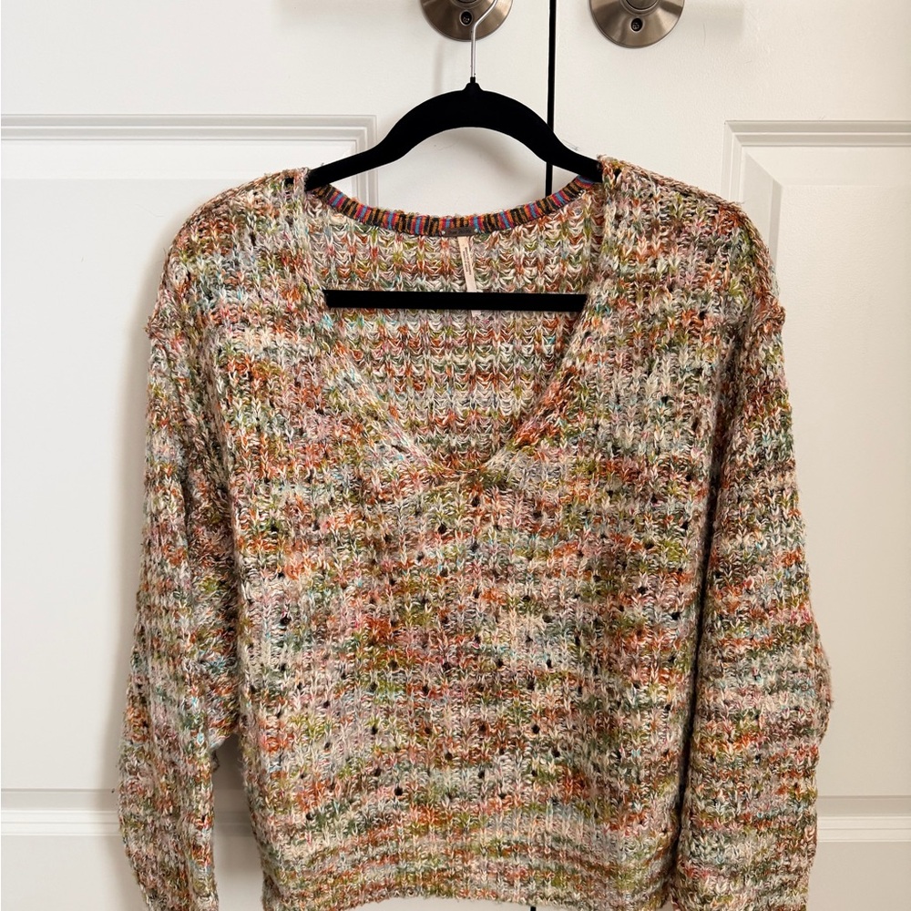 Free People Colorful Knit V-Neck Sweater